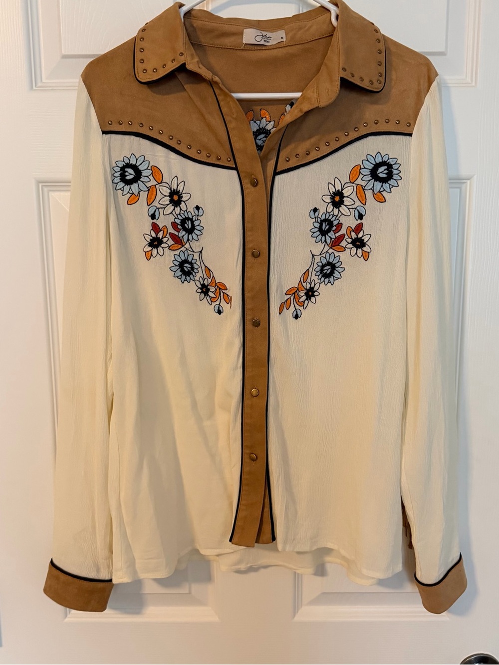 John Moon Texas Western Fringe Shirt Womens Embroidered Cowgirl Floral Button S